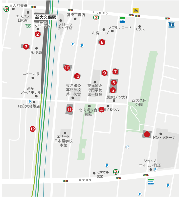 新大久保駅周辺のホテルマップ